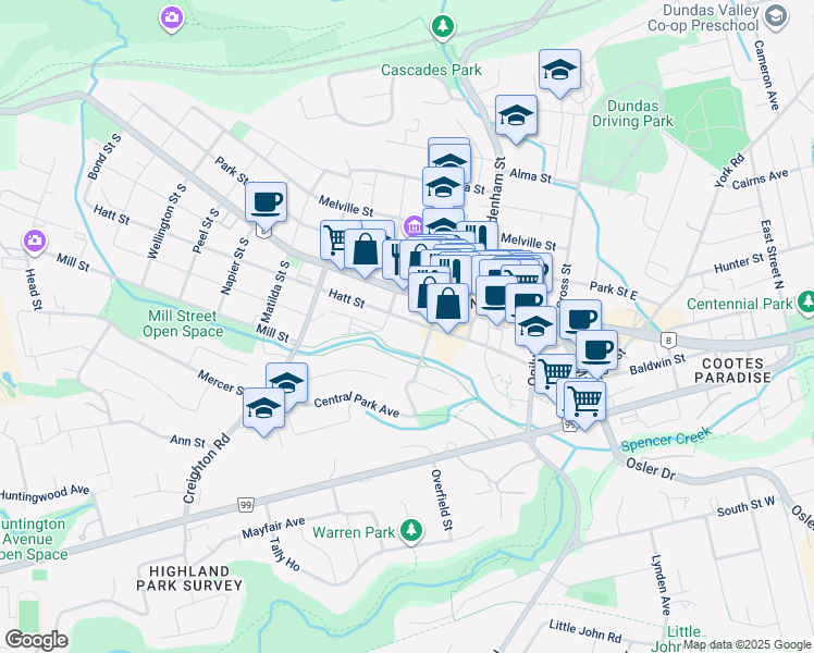 map of restaurants, bars, coffee shops, grocery stores, and more near 122 Hatt Street in Hamilton