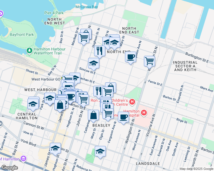 map of restaurants, bars, coffee shops, grocery stores, and more near in Hamilton