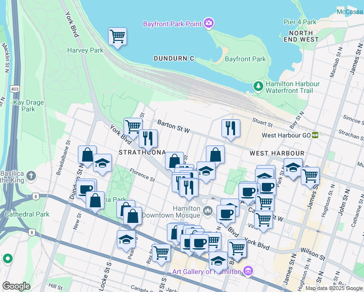 map of restaurants, bars, coffee shops, grocery stores, and more near 196 Ray Street North in Hamilton