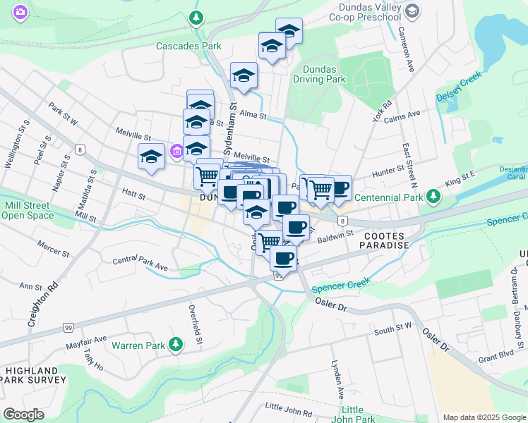 map of restaurants, bars, coffee shops, grocery stores, and more near 10 King Street West in Hamilton
