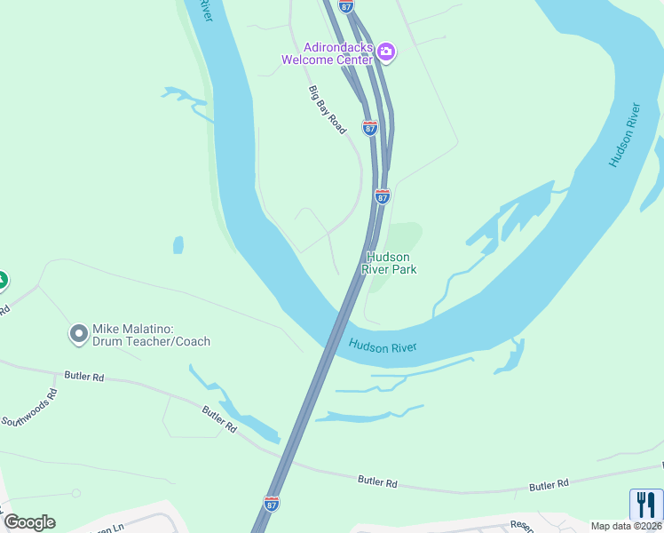 map of restaurants, bars, coffee shops, grocery stores, and more near 18 Hudson View Lane in Queensbury