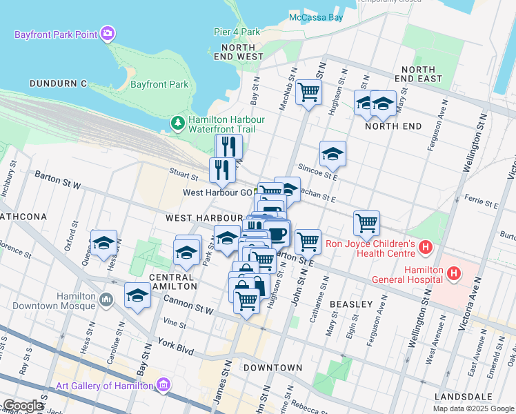 map of restaurants, bars, coffee shops, grocery stores, and more near 282 MacNab Street North in Hamilton