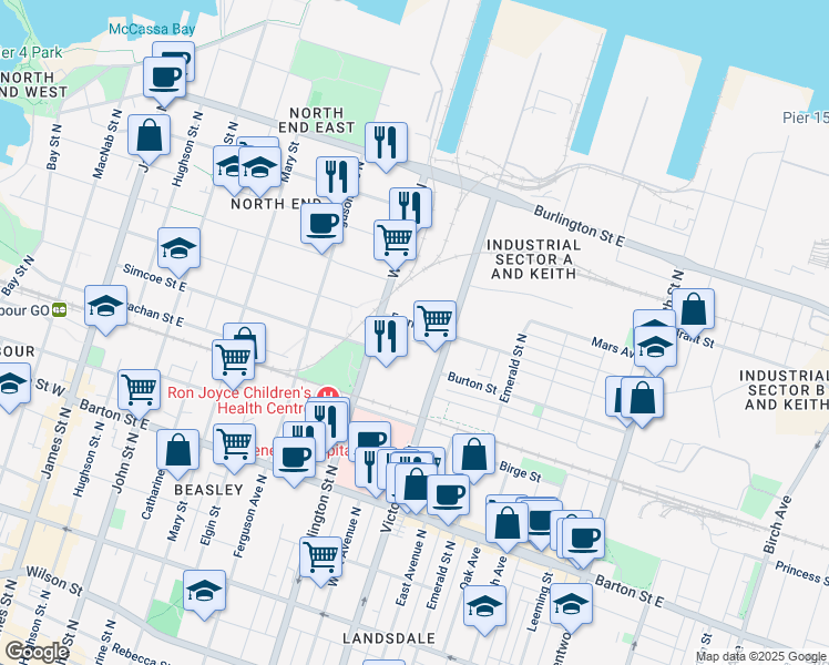 map of restaurants, bars, coffee shops, grocery stores, and more near 32 Sawyer Road in Hamilton