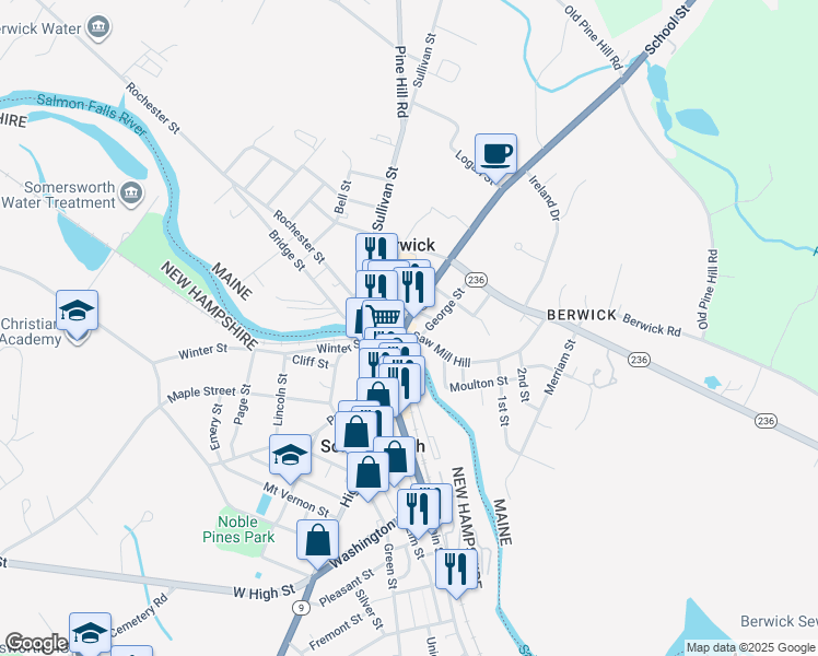 map of restaurants, bars, coffee shops, grocery stores, and more near 2 School Street in Berwick