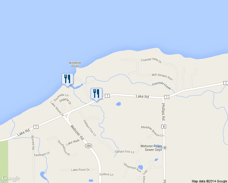 map of restaurants, bars, coffee shops, grocery stores, and more near 1342 Lake Rd in Webster