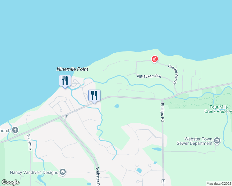 map of restaurants, bars, coffee shops, grocery stores, and more near 1342 Lake Road in Webster