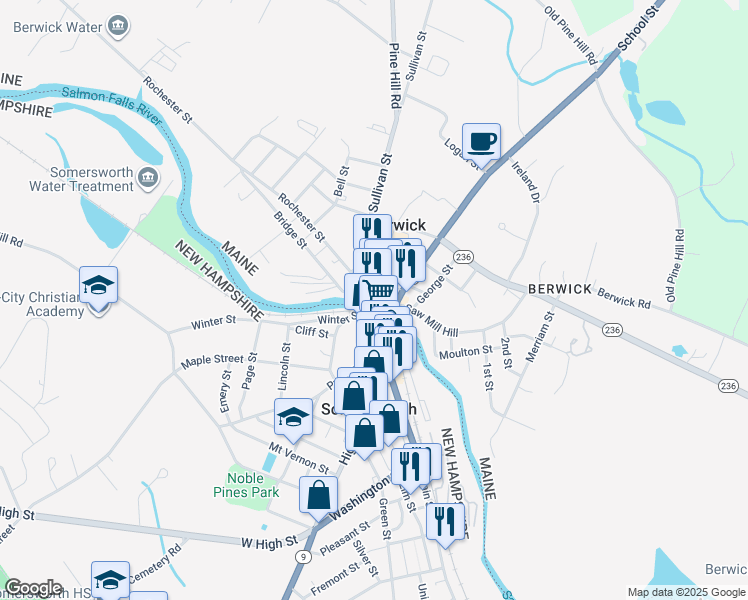 map of restaurants, bars, coffee shops, grocery stores, and more near 1 Sullivan Street in Berwick