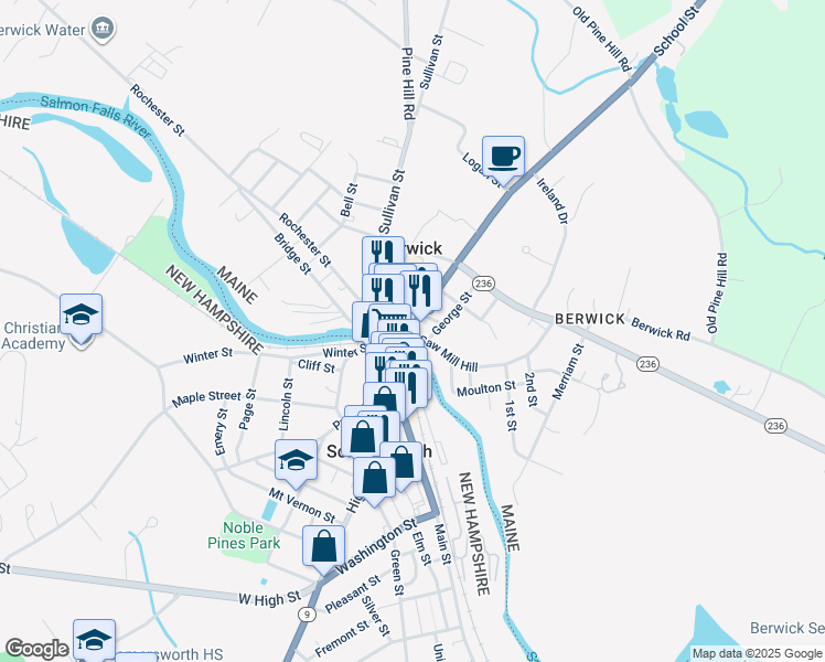 map of restaurants, bars, coffee shops, grocery stores, and more near 2 School Street in Berwick