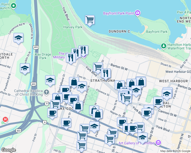 map of restaurants, bars, coffee shops, grocery stores, and more near 501 York Boulevard in Hamilton