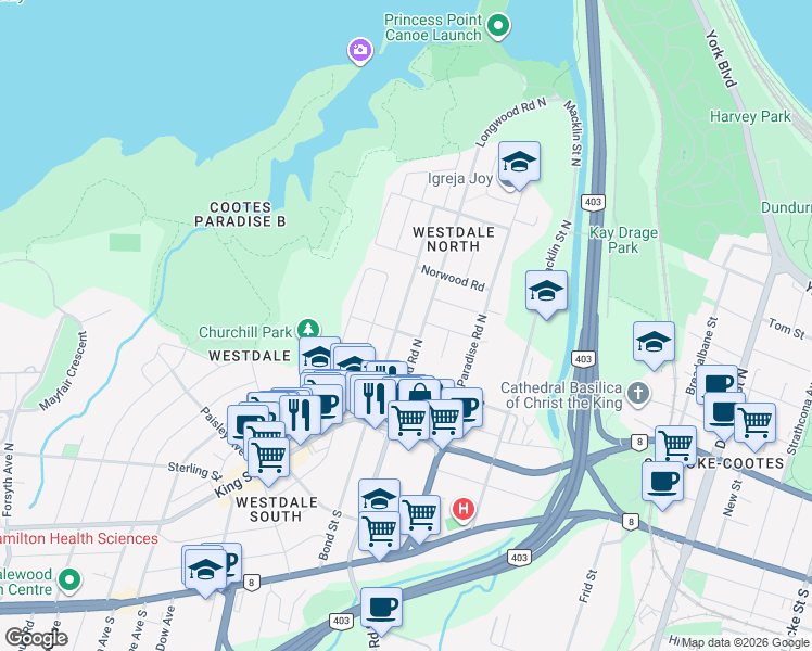 map of restaurants, bars, coffee shops, grocery stores, and more near 82 Bond Street North in Hamilton