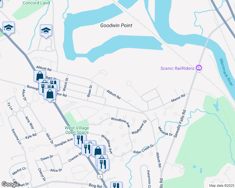 map of restaurants, bars, coffee shops, grocery stores, and more near 88 Abbott Road in Concord