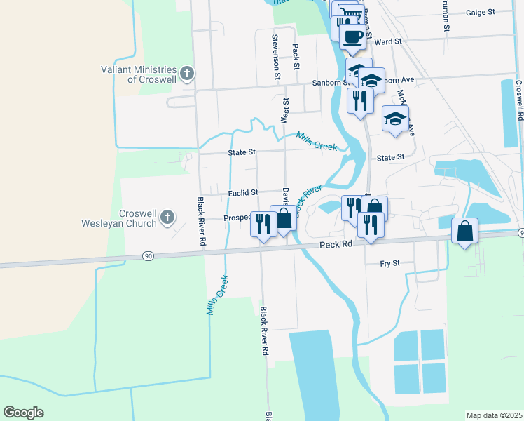 map of restaurants, bars, coffee shops, grocery stores, and more near 157 Croswell Avenue in Croswell