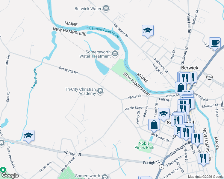 map of restaurants, bars, coffee shops, grocery stores, and more near 9 Rocky Hill Road in Somersworth