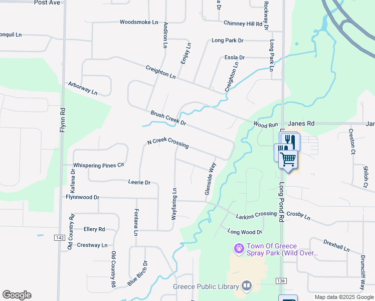 map of restaurants, bars, coffee shops, grocery stores, and more near 277 N Creek Crossing in Rochester