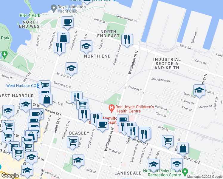 map of restaurants, bars, coffee shops, grocery stores, and more near 199 Simcoe Street East in Hamilton