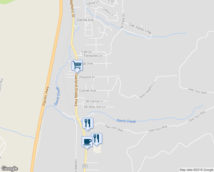 map of restaurants, bars, coffee shops, grocery stores, and more near 4510 Northeast Ridenour Street in Roseburg
