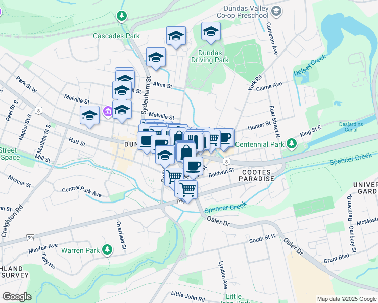 map of restaurants, bars, coffee shops, grocery stores, and more near 17 King Street East in Hamilton