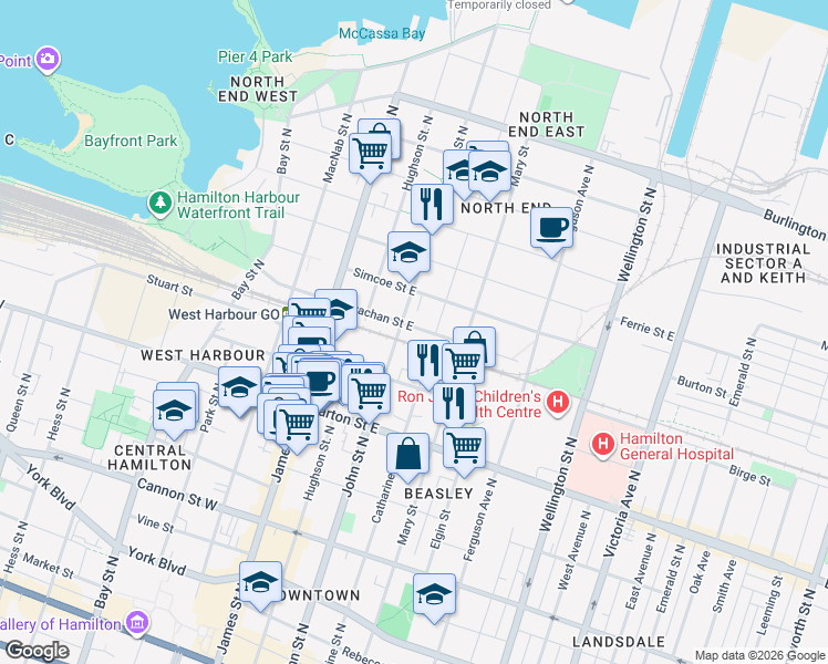 map of restaurants, bars, coffee shops, grocery stores, and more near 70 Strachan Street East in Hamilton