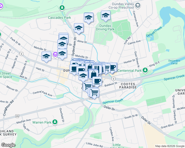 map of restaurants, bars, coffee shops, grocery stores, and more near 7 King Street East in Hamilton