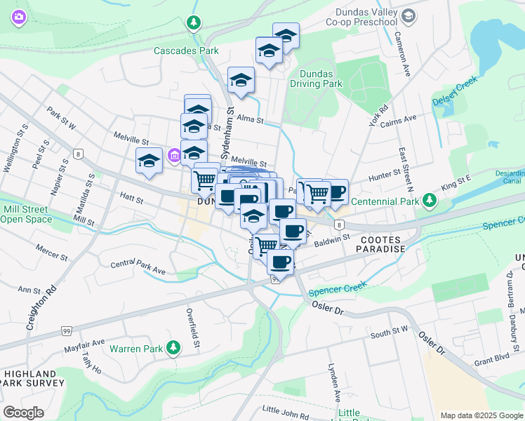 map of restaurants, bars, coffee shops, grocery stores, and more near 10 King Street West in Hamilton