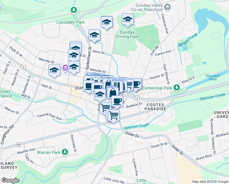 map of restaurants, bars, coffee shops, grocery stores, and more near 17 King Street East in Hamilton