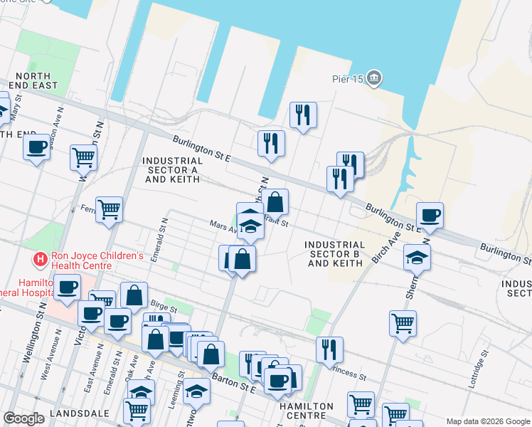 map of restaurants, bars, coffee shops, grocery stores, and more near 13 Brant Street in Hamilton