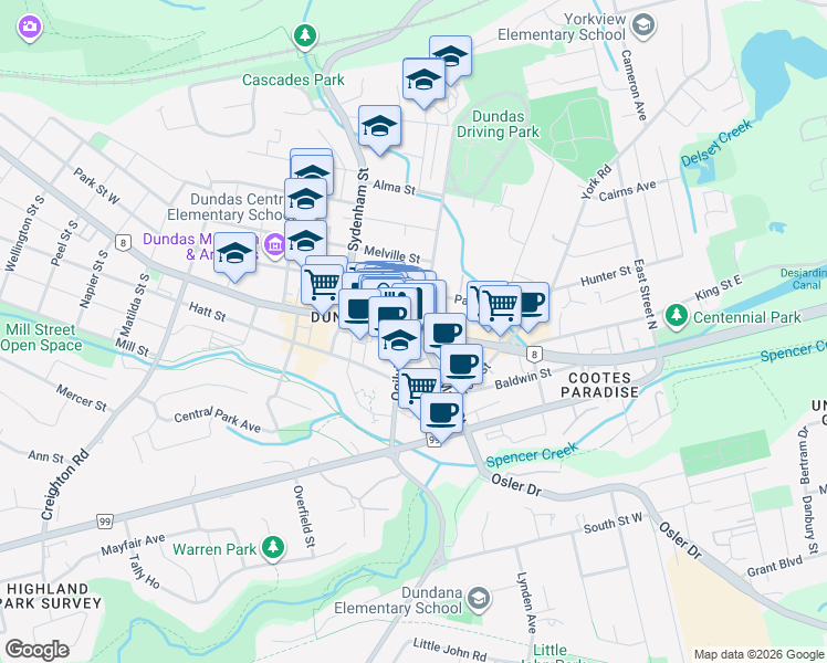 map of restaurants, bars, coffee shops, grocery stores, and more near 1 King Street West in Hamilton