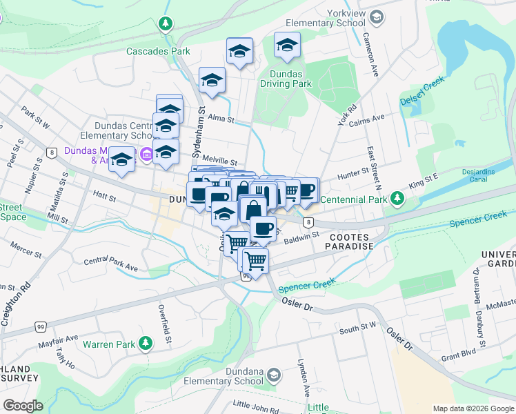 map of restaurants, bars, coffee shops, grocery stores, and more near 17 King Street East in Hamilton