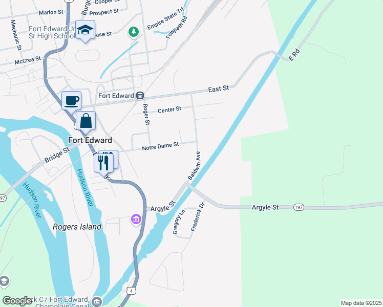 map of restaurants, bars, coffee shops, grocery stores, and more near 34 Baldwin Avenue in Fort Edward