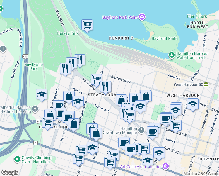 map of restaurants, bars, coffee shops, grocery stores, and more near in Hamilton