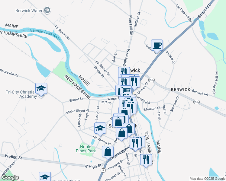 map of restaurants, bars, coffee shops, grocery stores, and more near 1 Bridge Street in Berwick