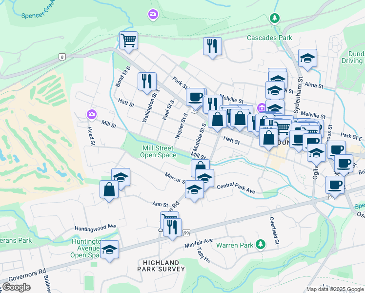 map of restaurants, bars, coffee shops, grocery stores, and more near 245 Mill Street in Hamilton