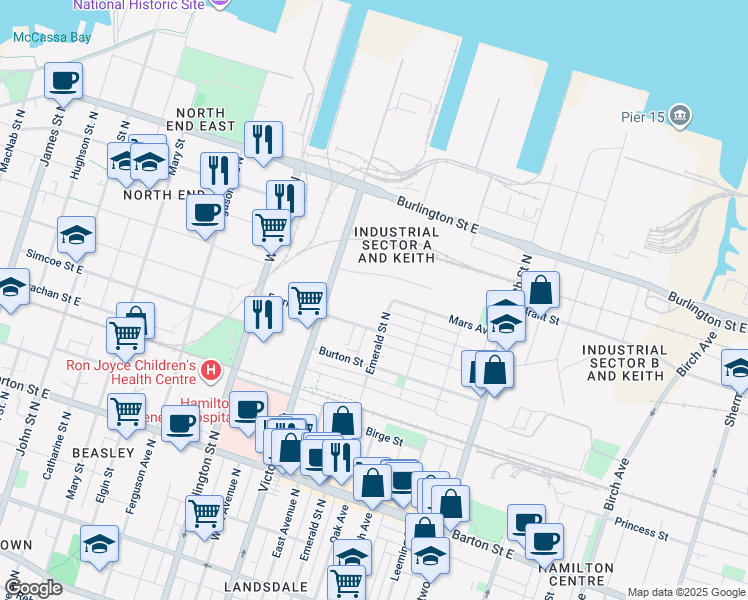 map of restaurants, bars, coffee shops, grocery stores, and more near 369 Ferrie Street East in Hamilton