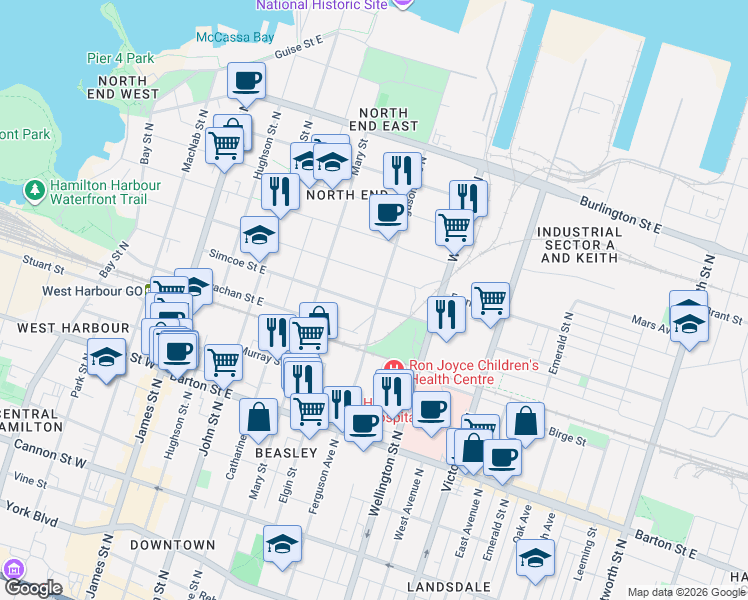 map of restaurants, bars, coffee shops, grocery stores, and more near 181 Simcoe Street East in Hamilton
