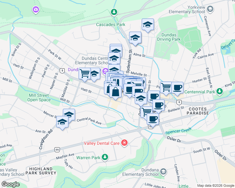 map of restaurants, bars, coffee shops, grocery stores, and more near 7 Foundry Street in Hamilton
