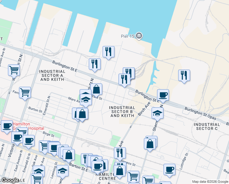map of restaurants, bars, coffee shops, grocery stores, and more near 13 Dickson Street in Hamilton