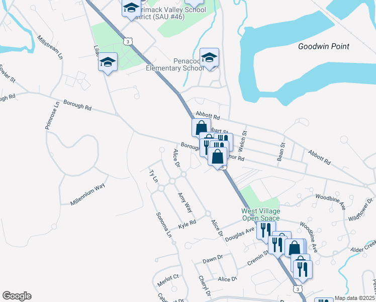 map of restaurants, bars, coffee shops, grocery stores, and more near 11 Borough Road in Concord