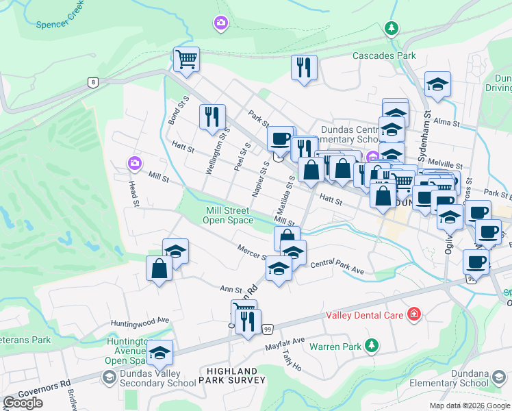 map of restaurants, bars, coffee shops, grocery stores, and more near 41 Napier Street South in Hamilton