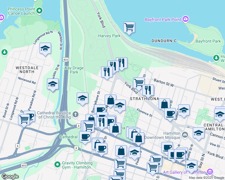map of restaurants, bars, coffee shops, grocery stores, and more near 58 Tom Street in Hamilton