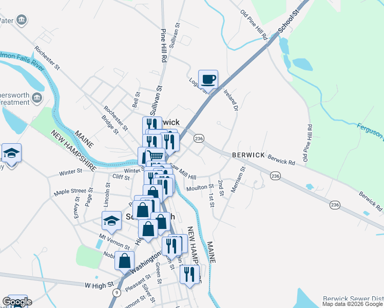 map of restaurants, bars, coffee shops, grocery stores, and more near 20 Lyman Street in Berwick