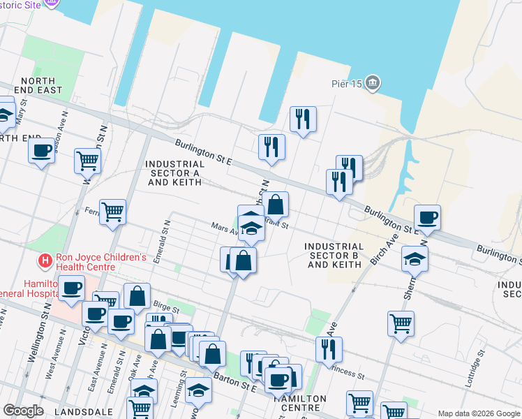 map of restaurants, bars, coffee shops, grocery stores, and more near 490 Wentworth Street North in Hamilton