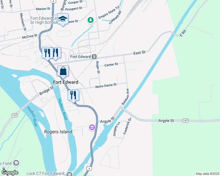 map of restaurants, bars, coffee shops, grocery stores, and more near 46 Notre Dame Street in Fort Edward