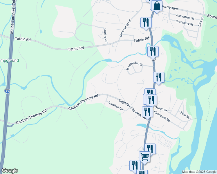 map of restaurants, bars, coffee shops, grocery stores, and more near 80 Captain Thomas Road in Ogunquit