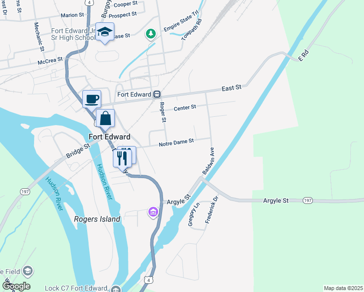 map of restaurants, bars, coffee shops, grocery stores, and more near 46 Notre Dame Street in Fort Edward