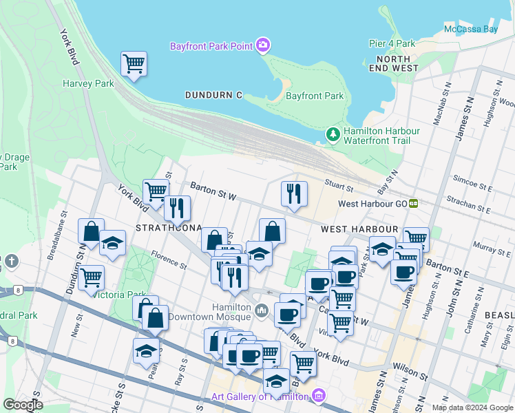 map of restaurants, bars, coffee shops, grocery stores, and more near 237 Queen Street North in Hamilton