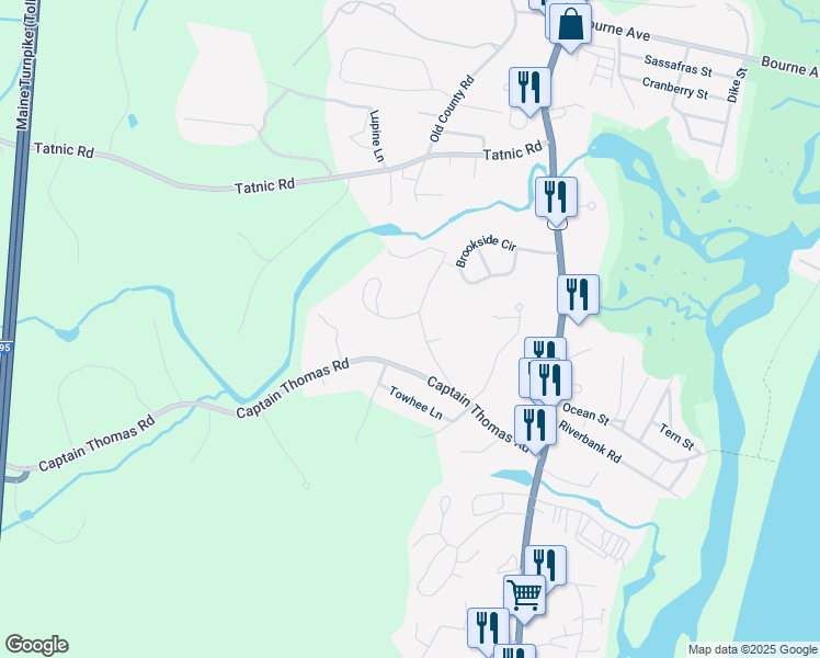 map of restaurants, bars, coffee shops, grocery stores, and more near 80 Captain Thomas Road in Ogunquit