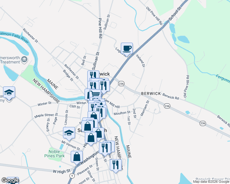 map of restaurants, bars, coffee shops, grocery stores, and more near 20 Lyman Street in Berwick