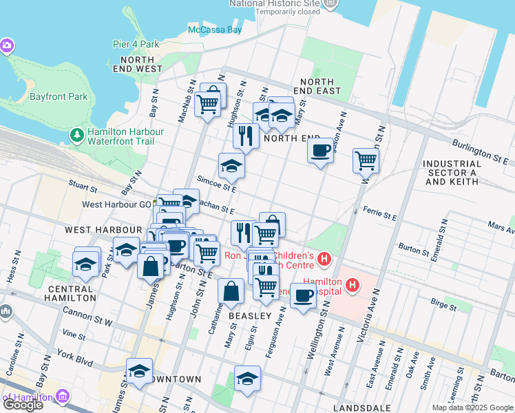 map of restaurants, bars, coffee shops, grocery stores, and more near in Hamilton