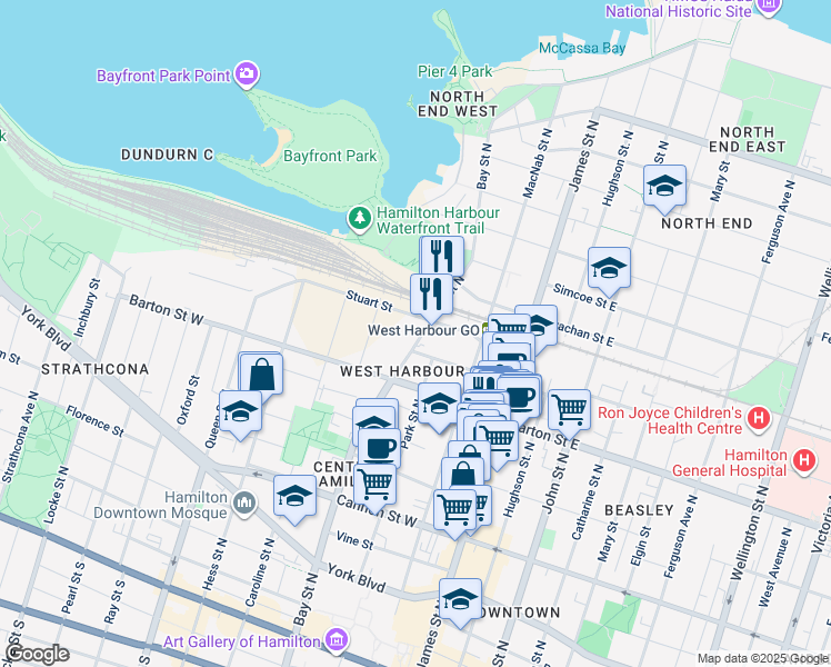 map of restaurants, bars, coffee shops, grocery stores, and more near 285 Bay Street North in Hamilton