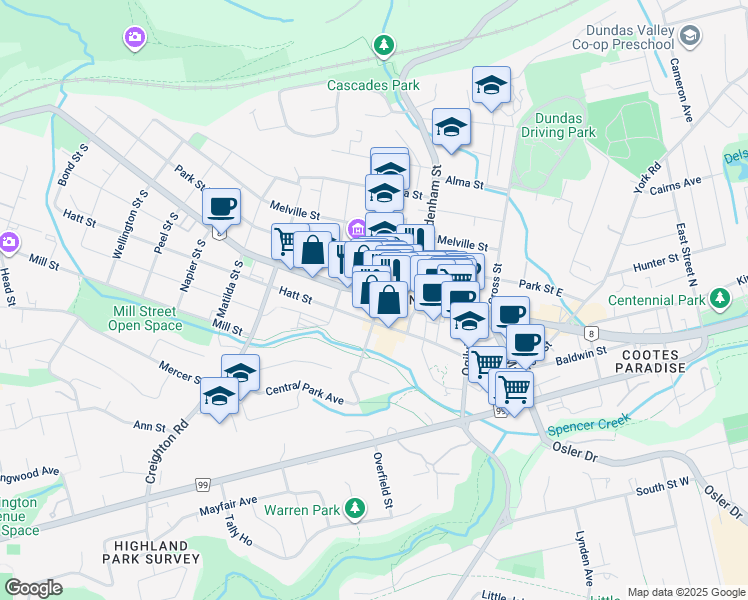 map of restaurants, bars, coffee shops, grocery stores, and more near 104 King Street West in Hamilton